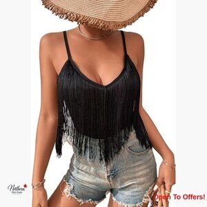 Polyester Spandex Fringe Tank Top V-Neck Camisole Western Festival Wear